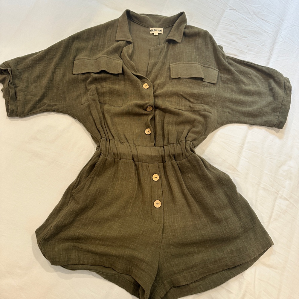 Linen Olive Short Sleeve Jumpsuit